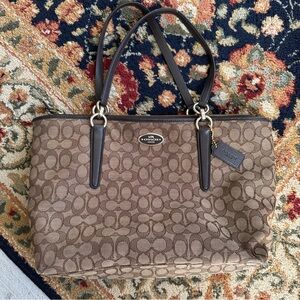 AUTHENTIC COACH SIGNATURE JACQUARD HANDBAG TAN & BROWN LEATHER TRIM MEDIUM HOBO